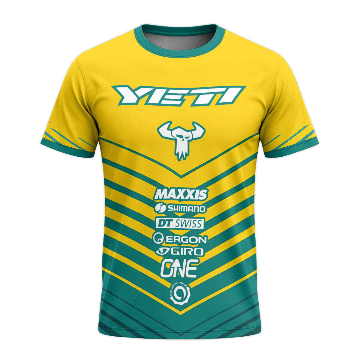 Yeti Yellow Teal Factory Racing Youth Short Sleeve Mountain Bike Jersey – Front View Mockup
