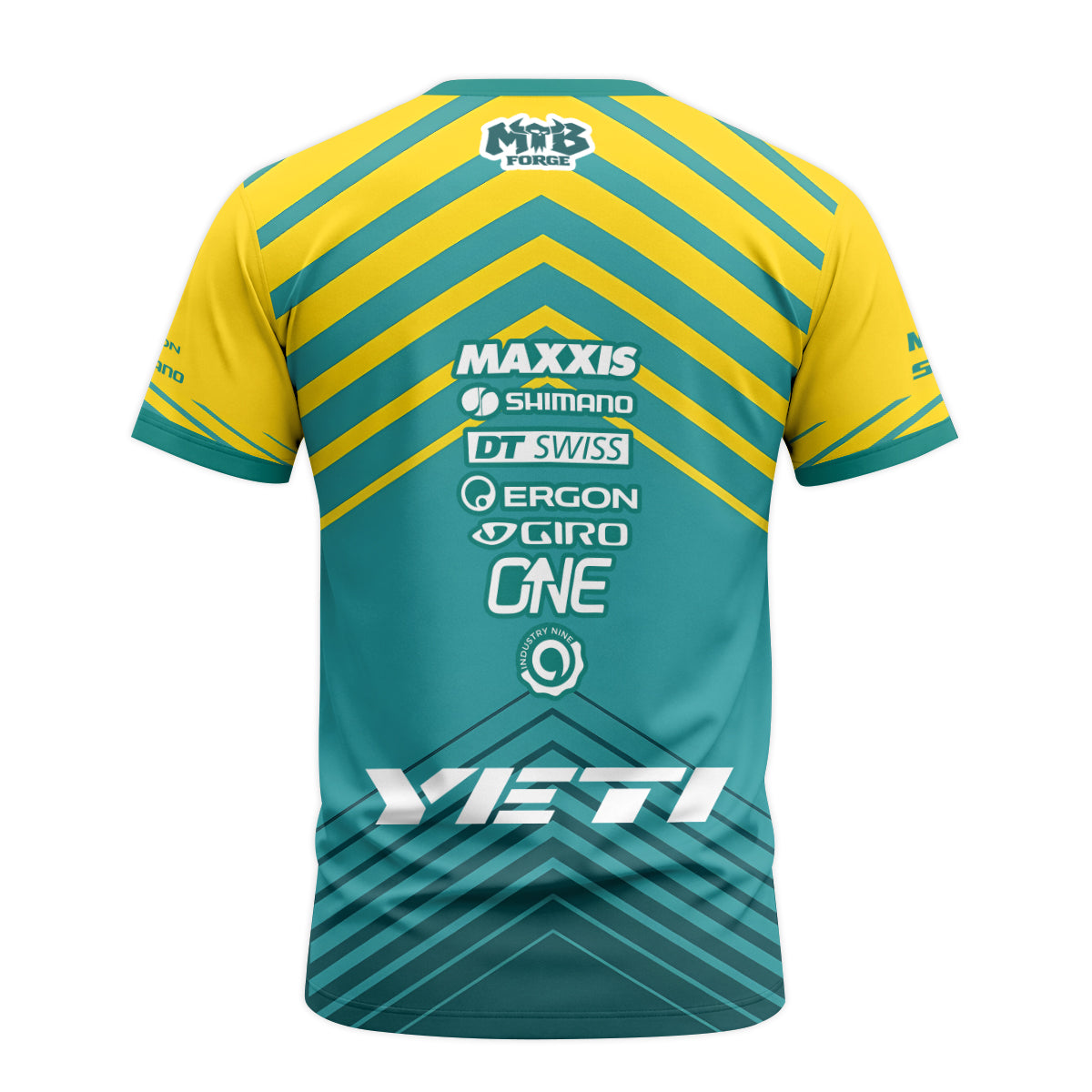 Yeti Yellow Teal Factory Racing Youth Short Sleeve Mountain Bike Jersey – Back View Mockup