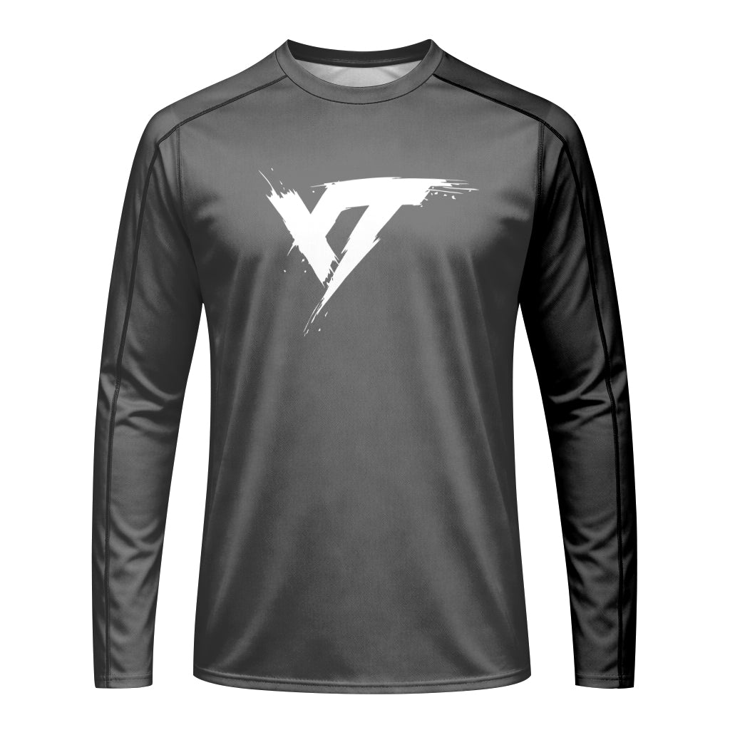 YT Black White Minimal Long Sleeve Mountain Bike Jersey - front view mockup