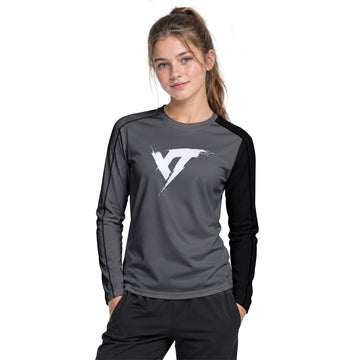 YT Black White Minimal Youth Long Sleeve Mountain Bike Jersey – Girl Lifestyle View