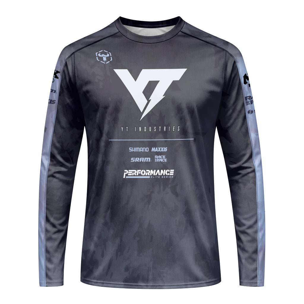 YT Industries Black Camo Long Sleeve Mountain Bike Jersey – Front View Mockup