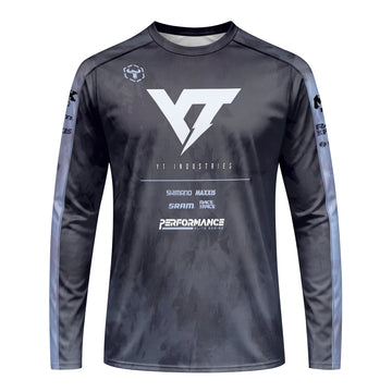 YT Industries Black Camo Long Sleeve Mountain Bike Jersey – Front View Mockup