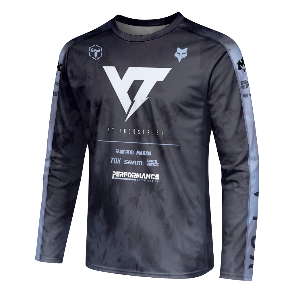 YT Industries Black Camo Long Sleeve Mountain Bike Jersey - left side mockup