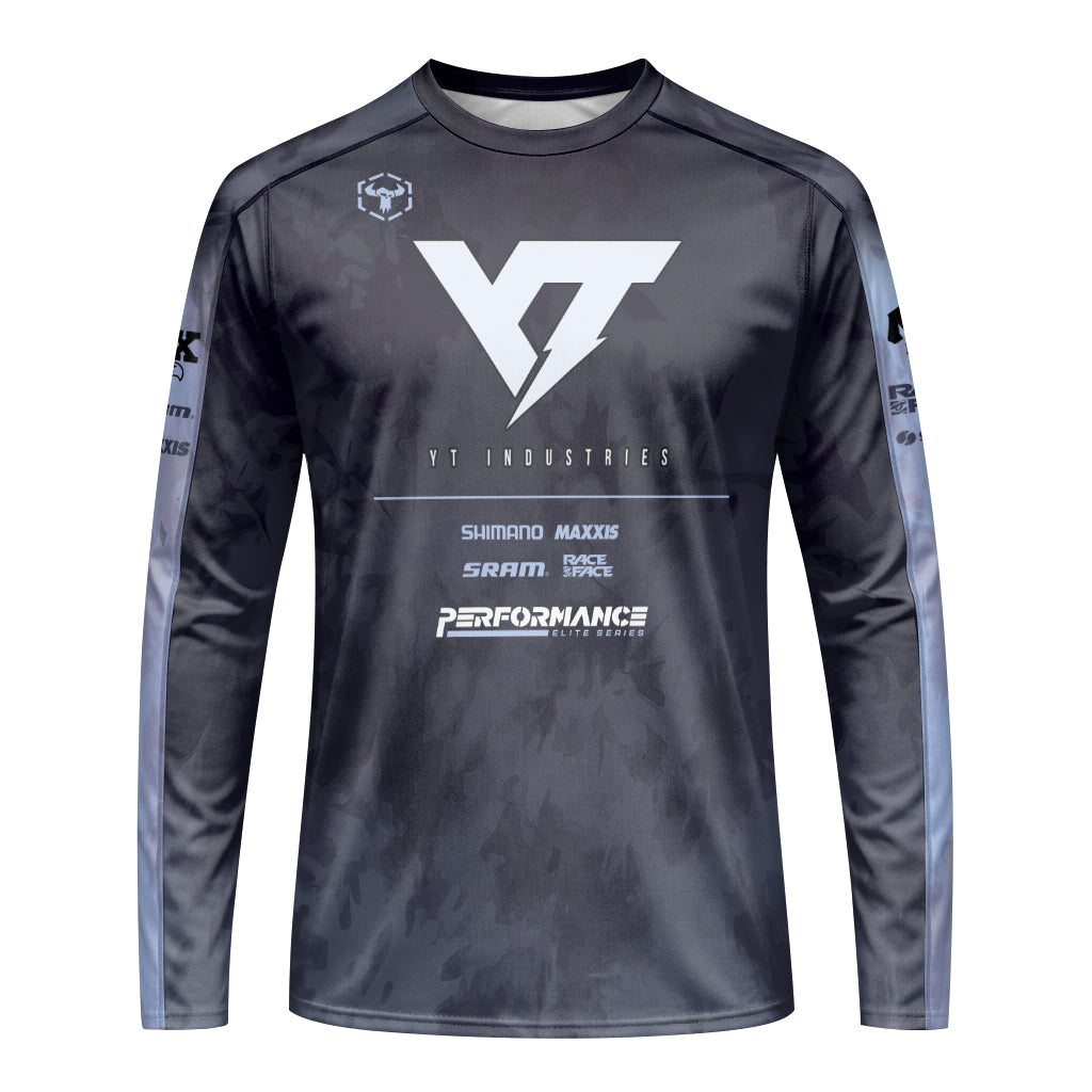 YT Industries Black Camo Youth Long Sleeve Mountain Bike Jersey – Front View Mockup