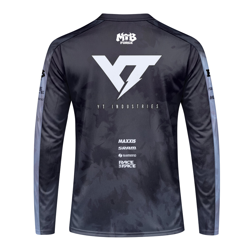 YT Industries Black Camo Youth Long Sleeve Mountain Bike Jersey – Back View Mockup