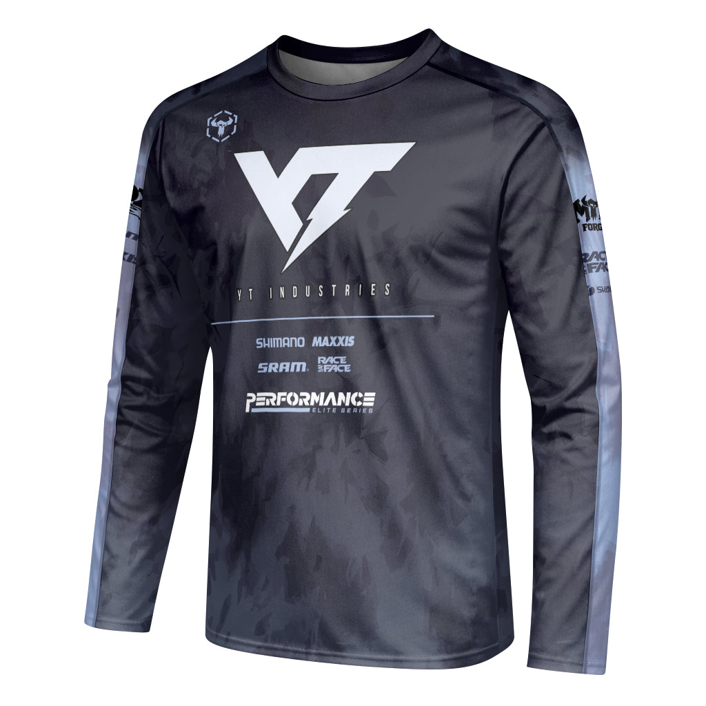 YT Industries Black Camo Youth Long Sleeve Mountain Bike Jersey – Left Side View Mockup