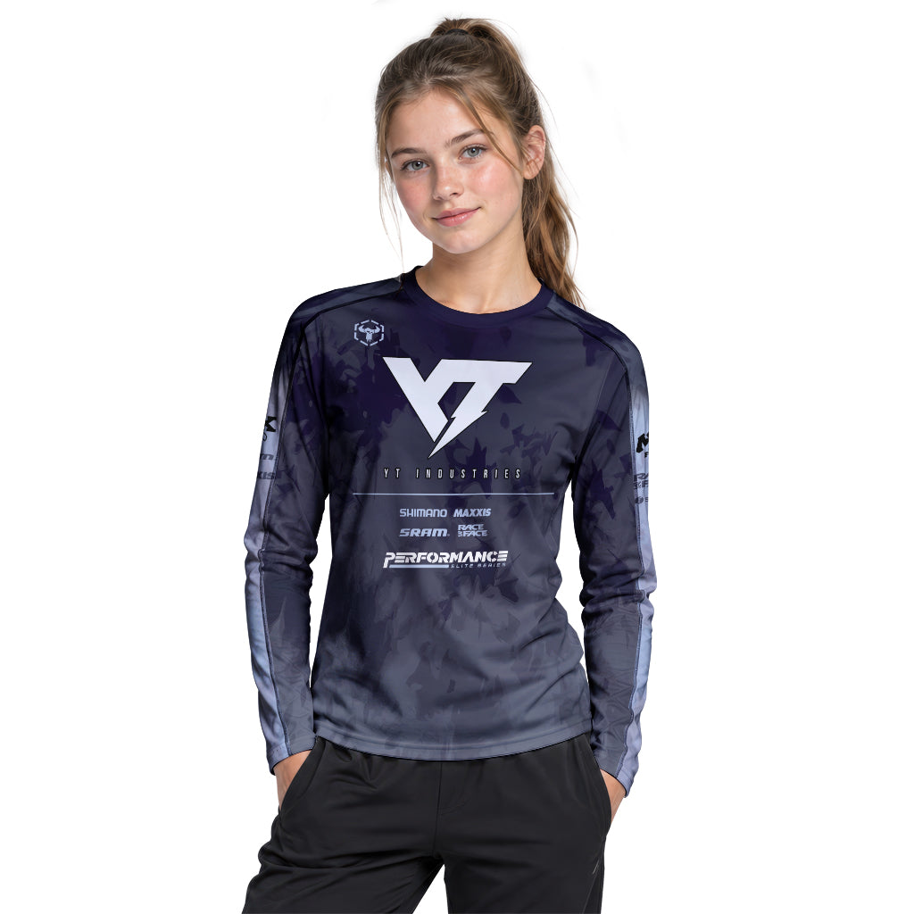 YT Industries Black Camo Youth Long Sleeve Mountain Bike Jersey – Girl Lifestyle View