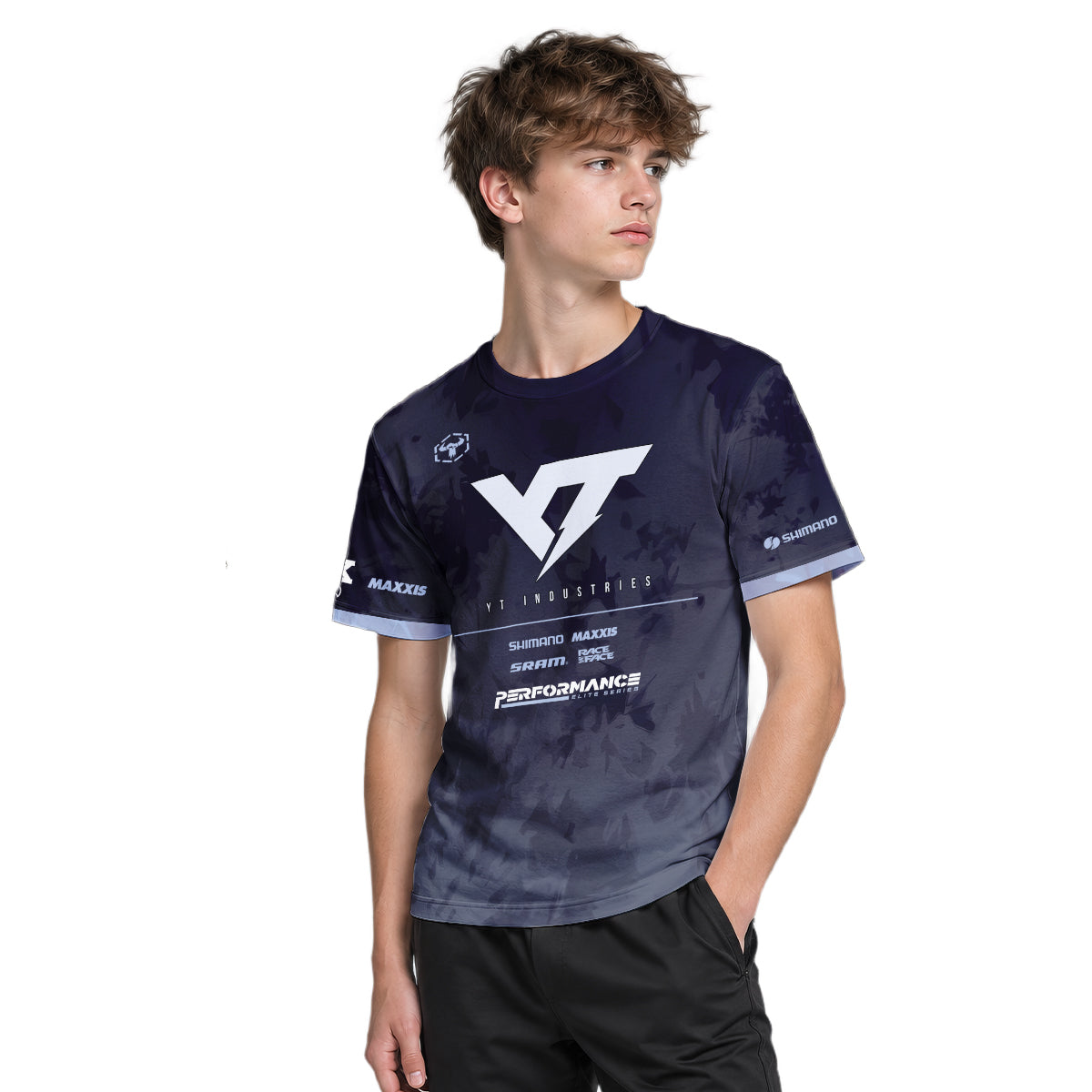 YT Industries Black Camo Youth Short Sleeve Mountain Bike Jersey – Boy Lifestyle View
