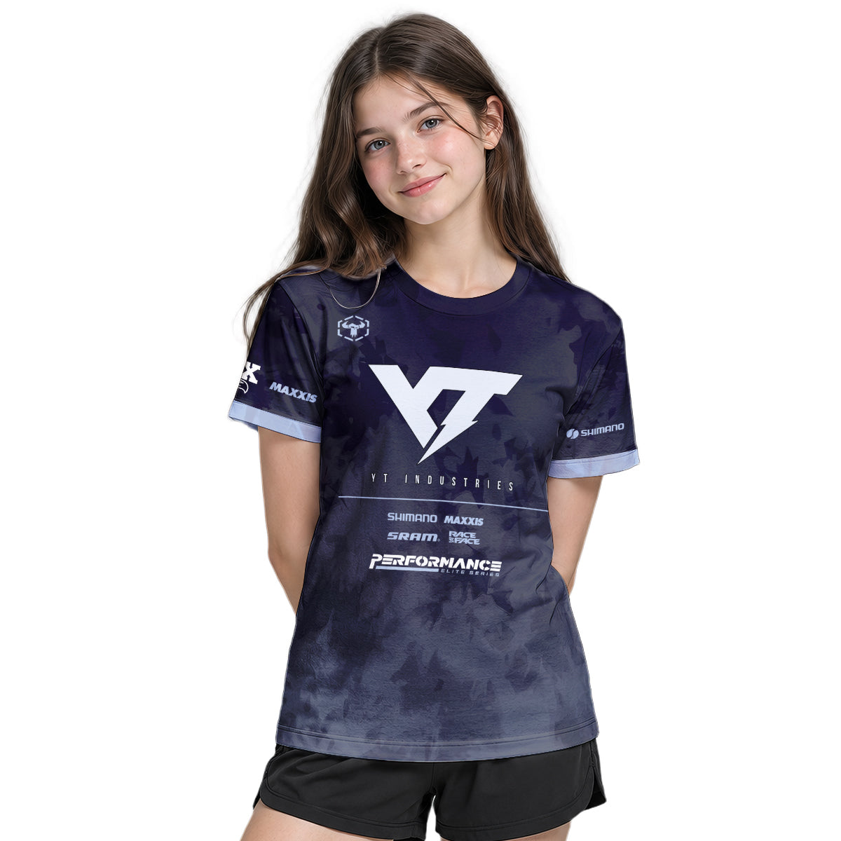 YT Industries Black Camo Youth Short Sleeve Mountain Bike Jersey – Girl Lifestyle View