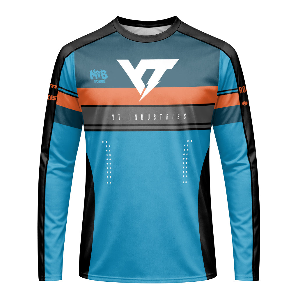 YT Industries Blue Orange Long Sleeve Mountain Bike Jersey – Front View Mockup