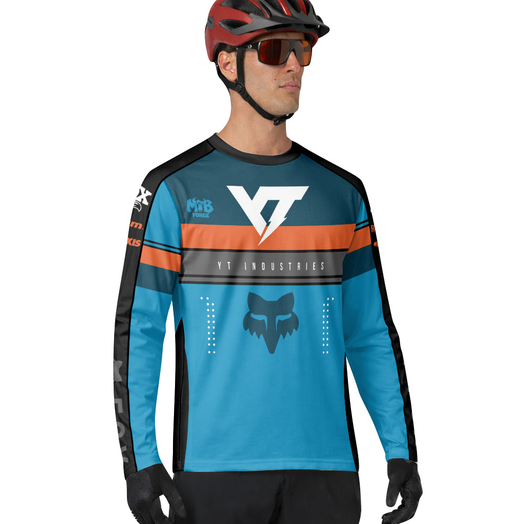 YT Industries Blue Orange Long Sleeve Mountain Bike Jersey - lifestyle view