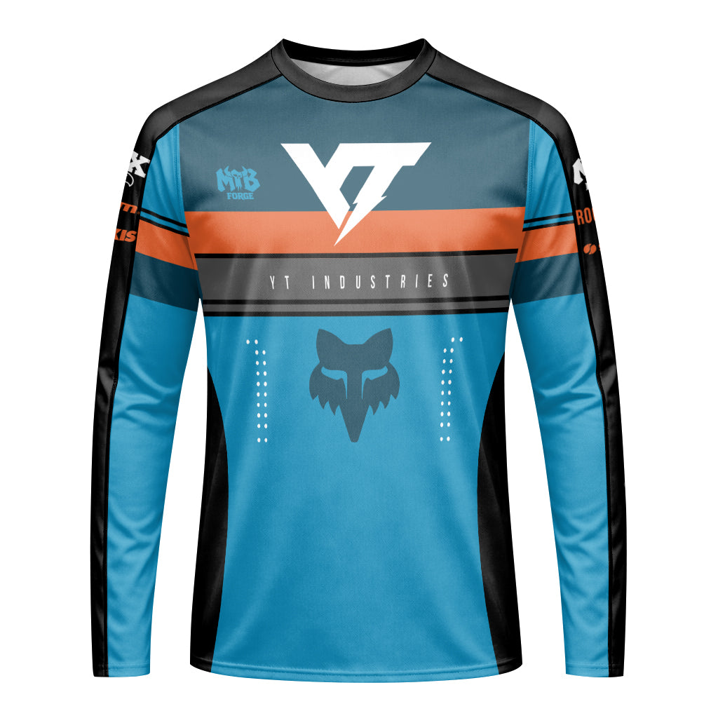 YT Industries Blue Orange Long Sleeve Mountain Bike Jersey - front view mockup