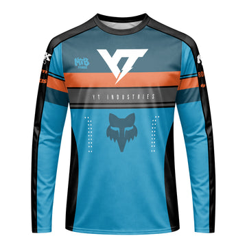 YT Industries Blue Orange Long Sleeve Mountain Bike Jersey - front view mockup