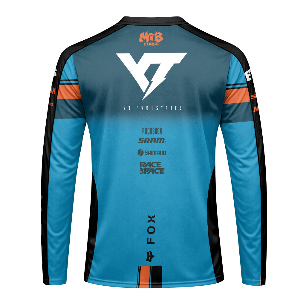 YT Industries Blue Orange Long Sleeve Mountain Bike Jersey - front view mockup