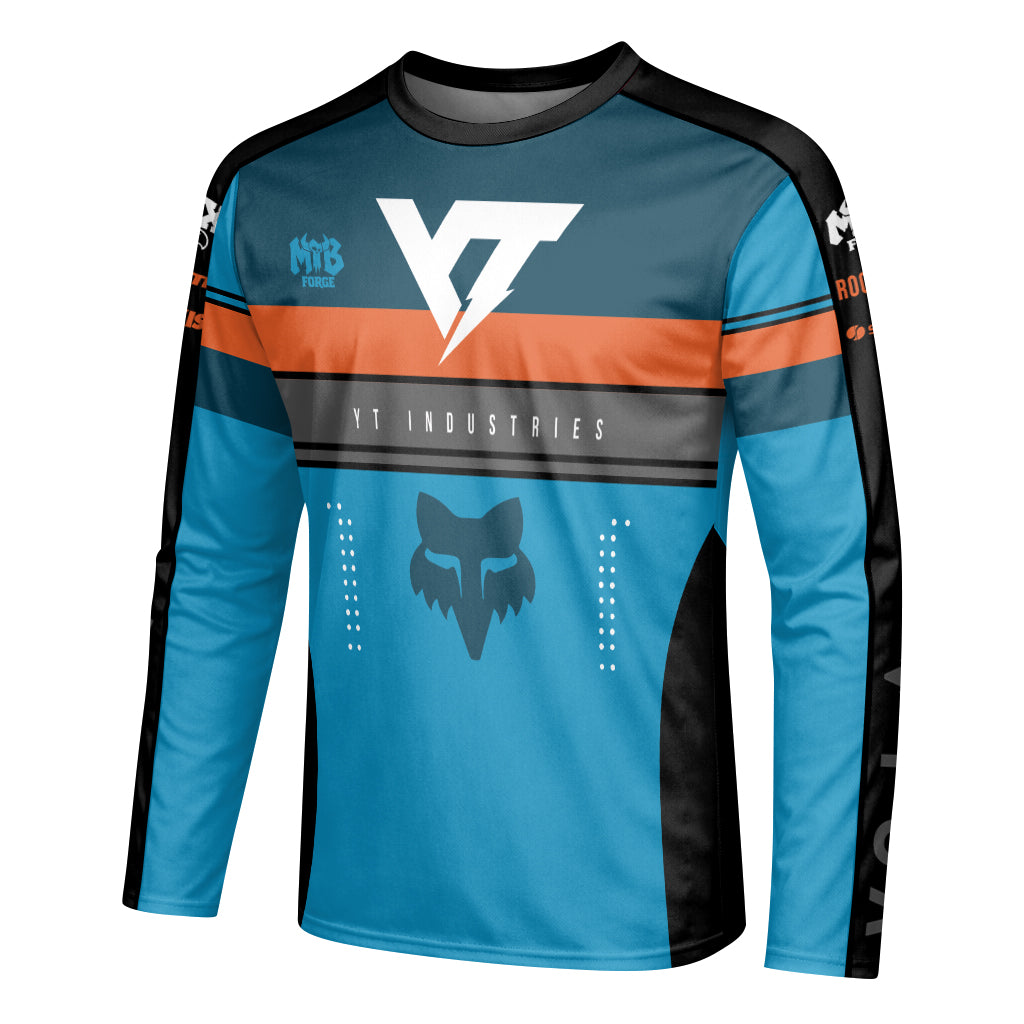 YT Industries Blue Orange Long Sleeve Mountain Bike Jersey - left side mockup