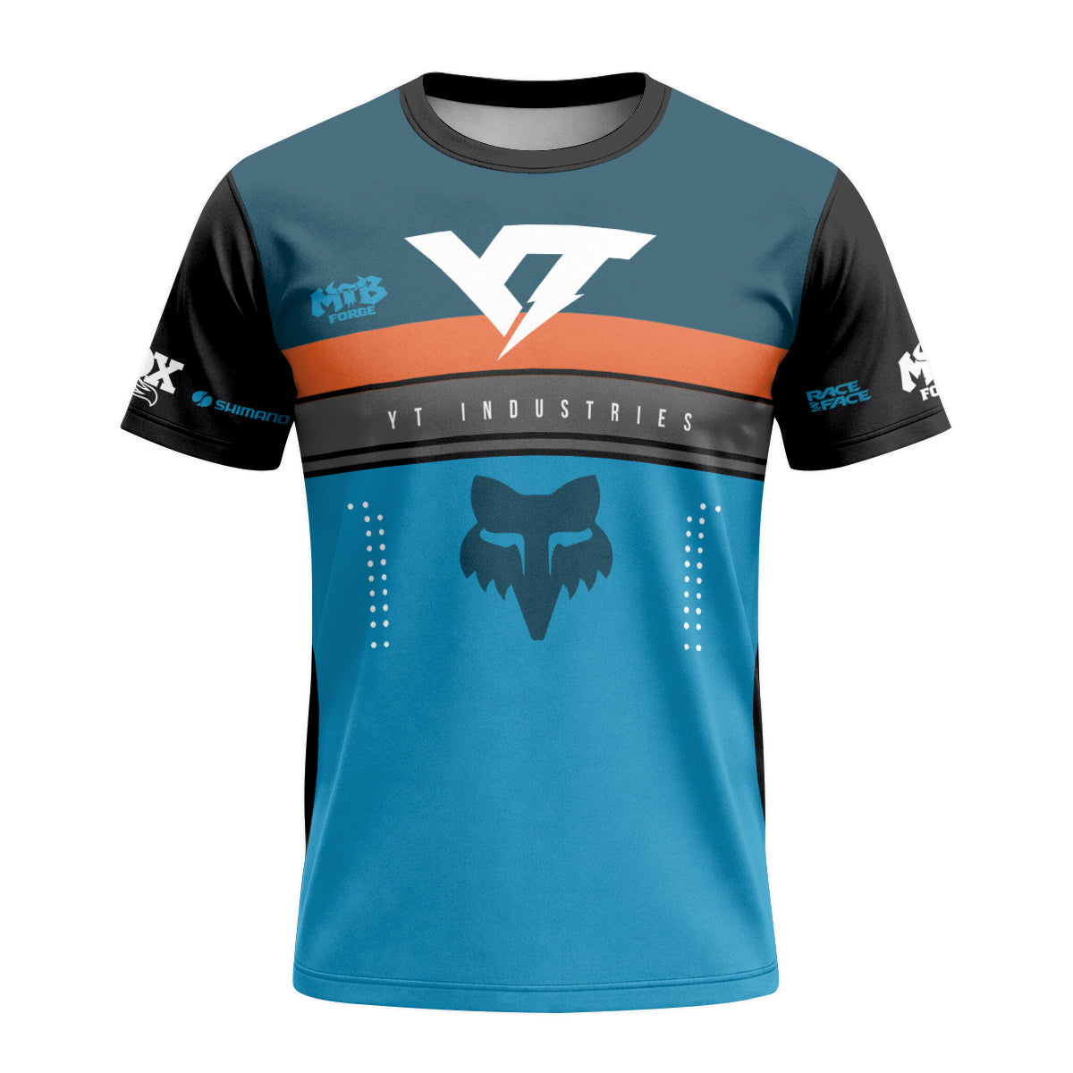 YT Industries Blue Orange Short Sleeve Mountain Bike Jersey - front view mockup