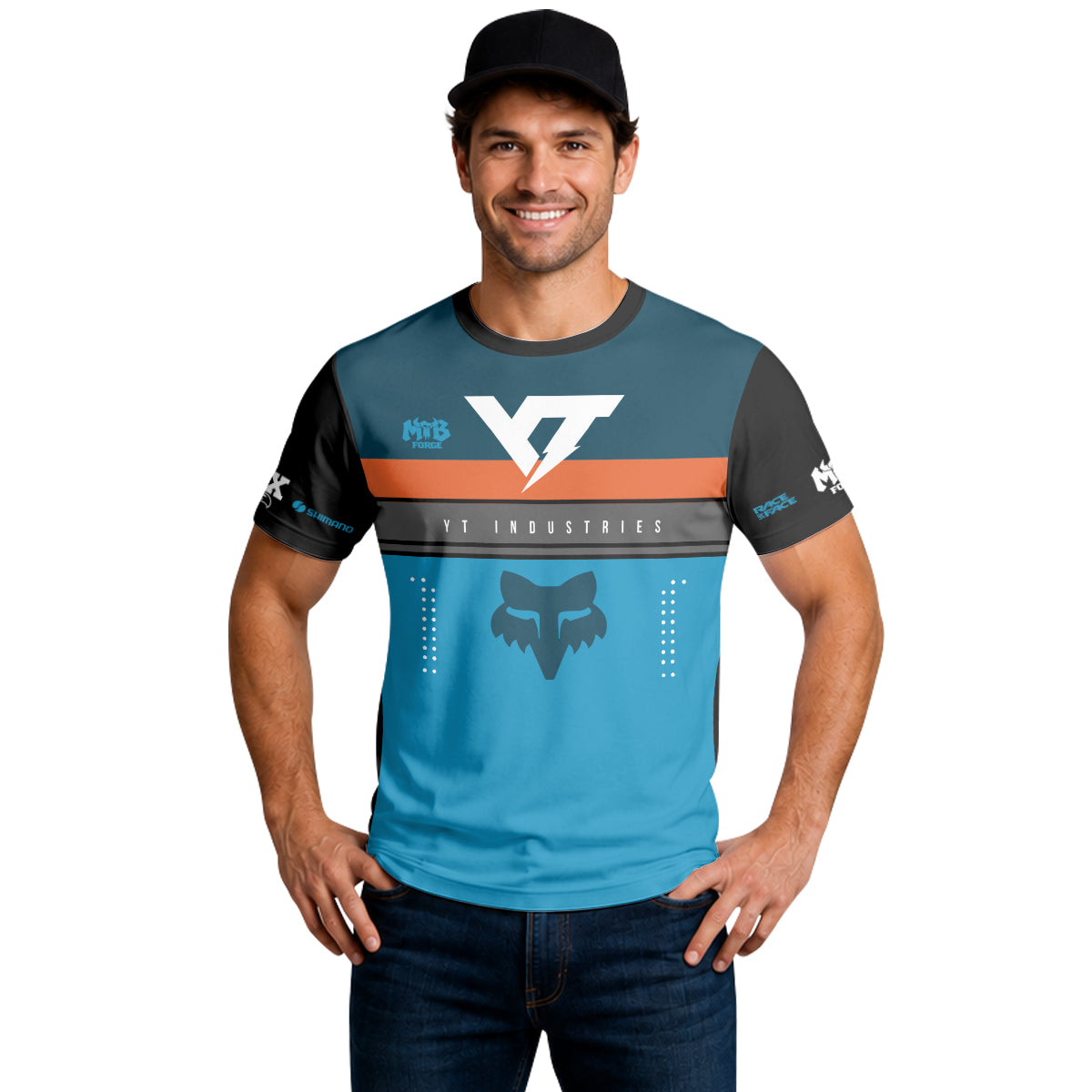 YT Industries Blue Orange Short Sleeve Mountain Bike Jersey - lifestyle view