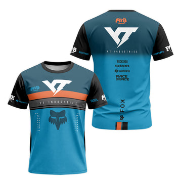 YT Industries Blue Orange Short Sleeve Mountain Bike Jersey - front and back view