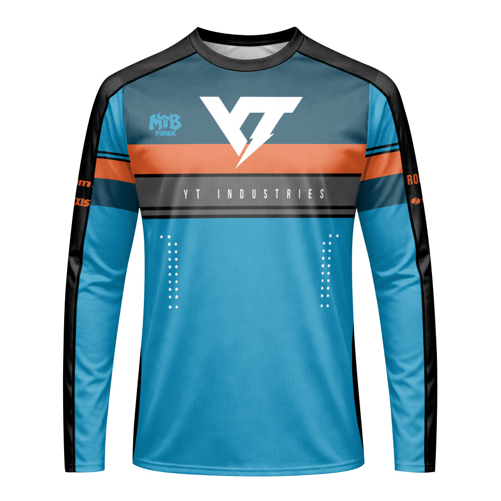 YT Industries Blue Orange Youth Long Sleeve Mountain Bike Jersey – Front View Mockup