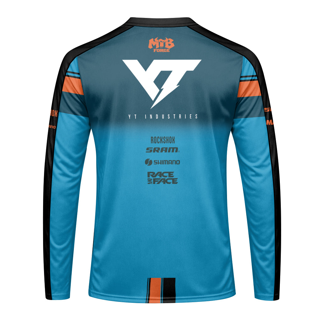 YT Industries Blue Orange Youth Long Sleeve Mountain Bike Jersey – Back View Mockup