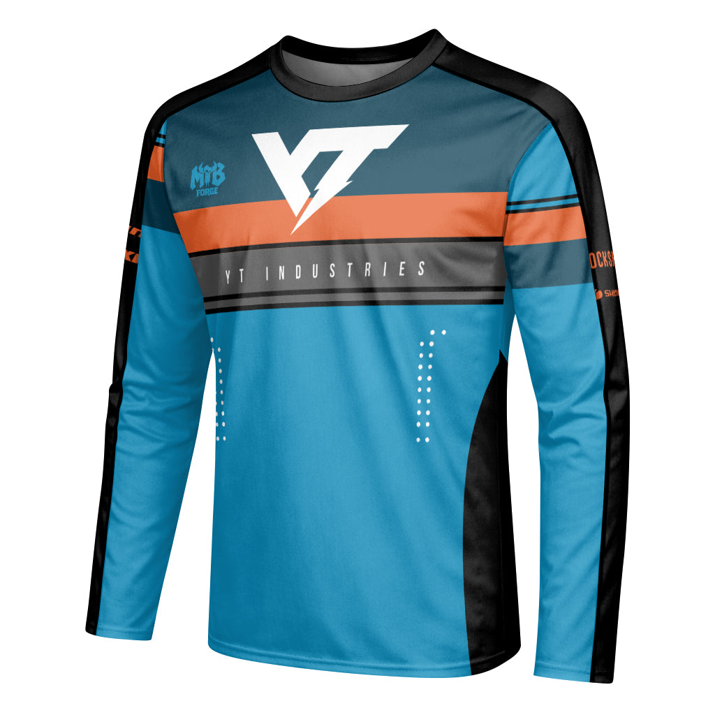 YT Industries Blue Orange Youth Long Sleeve Mountain Bike Jersey – Left Side View Mockup