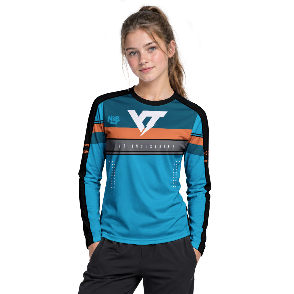 YT Industries Blue Orange Youth Long Sleeve Mountain Bike Jersey – Girl Lifestyle View