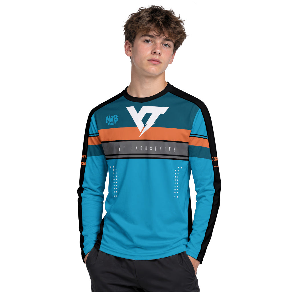 YT Industries Blue Orange Youth Long Sleeve Mountain Bike Jersey – Boy Lifestyle View