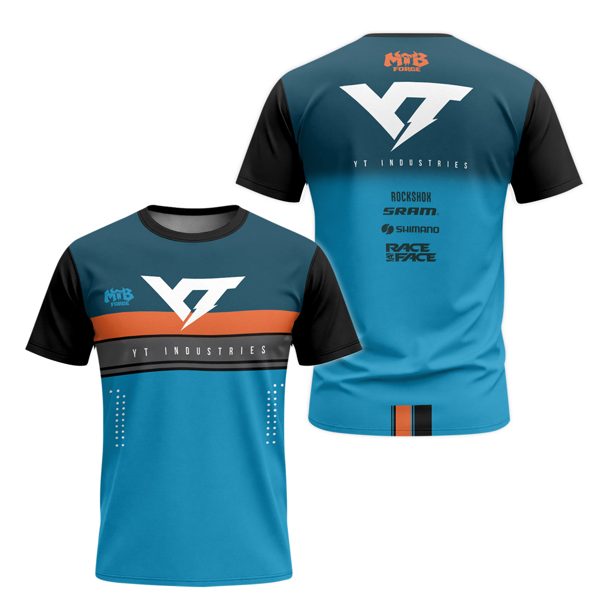 YT Industries Blue Orange Youth Short Sleeve Mountain Bike Jersey – Front and Back View
