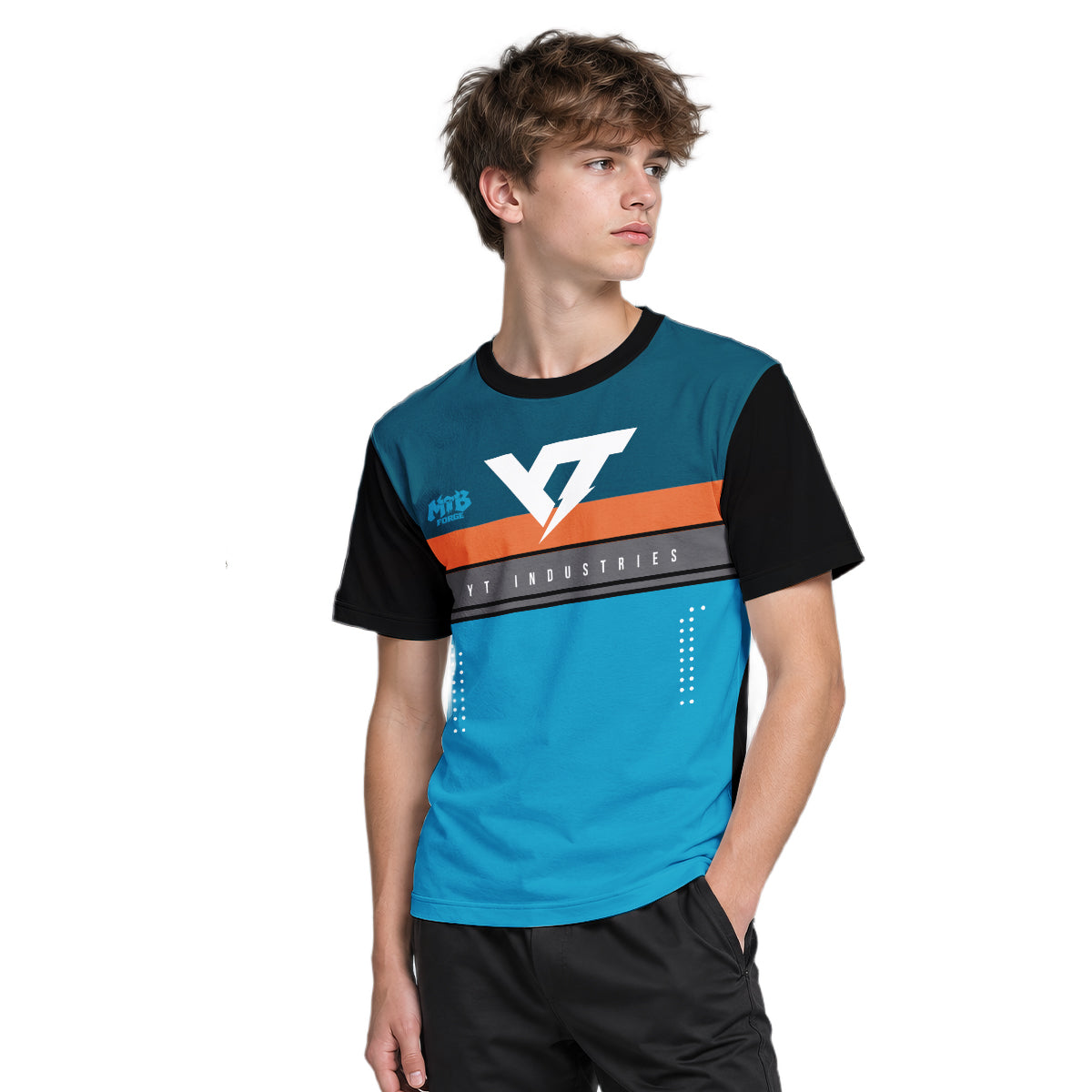 YT Industries Blue Orange Youth Short Sleeve Mountain Bike Jersey – Boy Lifestyle View