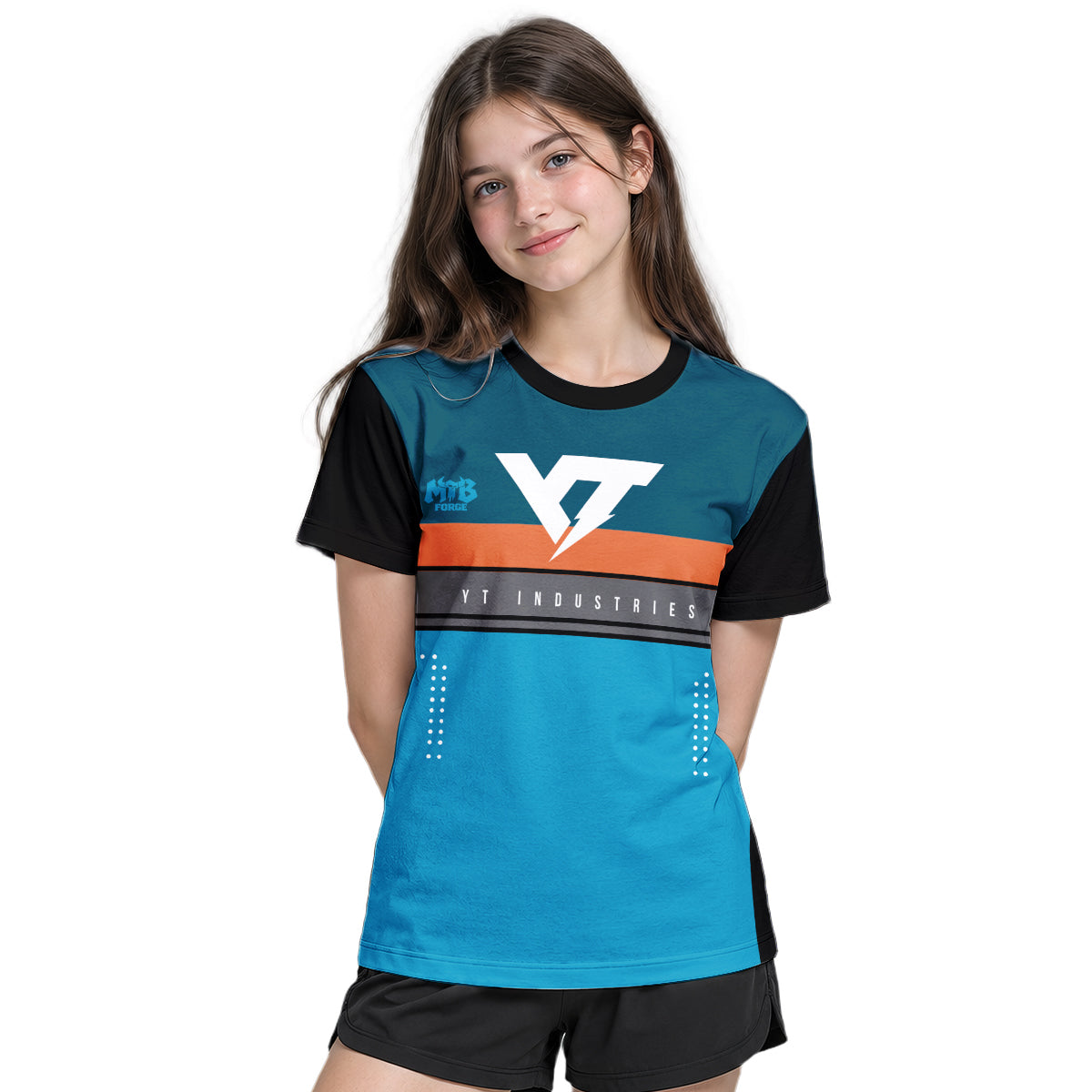 YT Industries Blue Orange Youth Short Sleeve Mountain Bike Jersey – Girl Lifestyle View