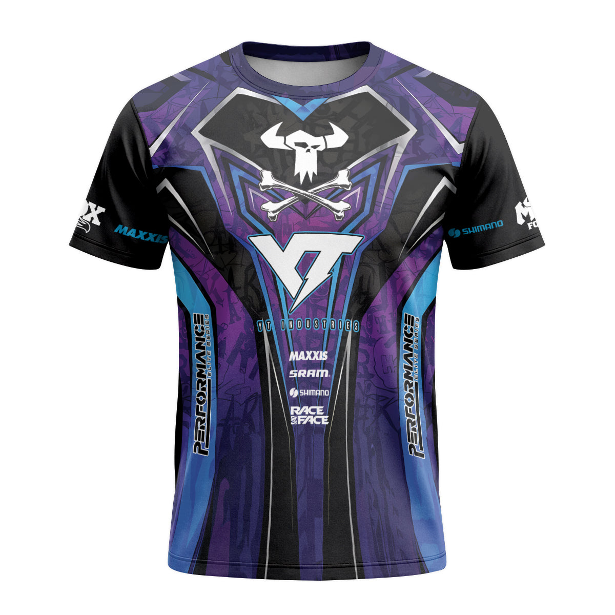 YT Industries Purple Skull Short Sleeve Mountain Bike Jersey - front view mockup