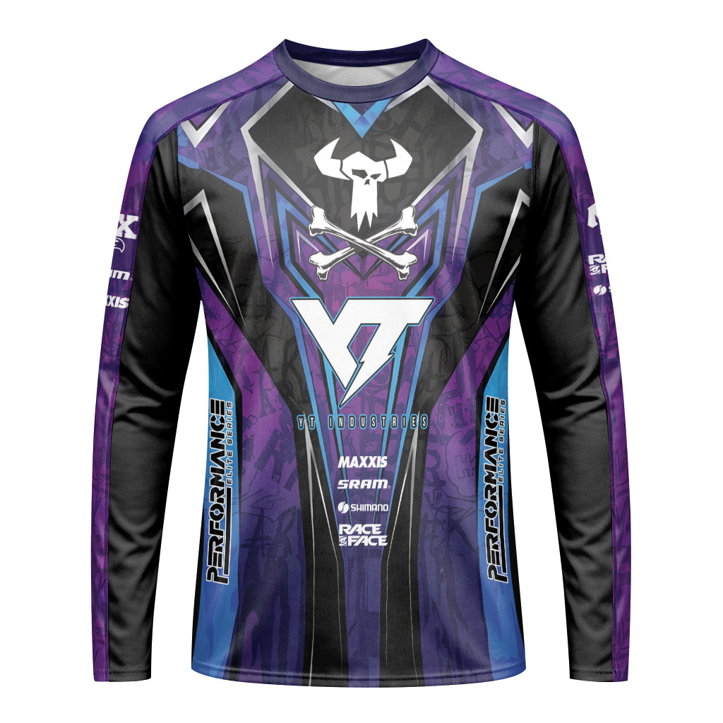 YT Industries Purple Skull Youth Long Sleeve Mountain Bike Jersey – Front View Mockup