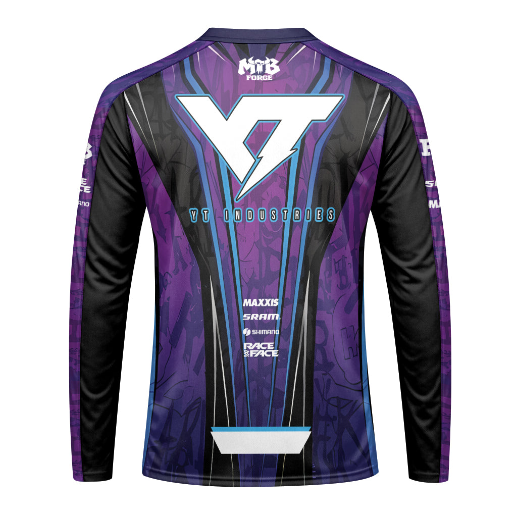 YT Industries Purple Skull Youth Long Sleeve Mountain Bike Jersey – Back View Mockup