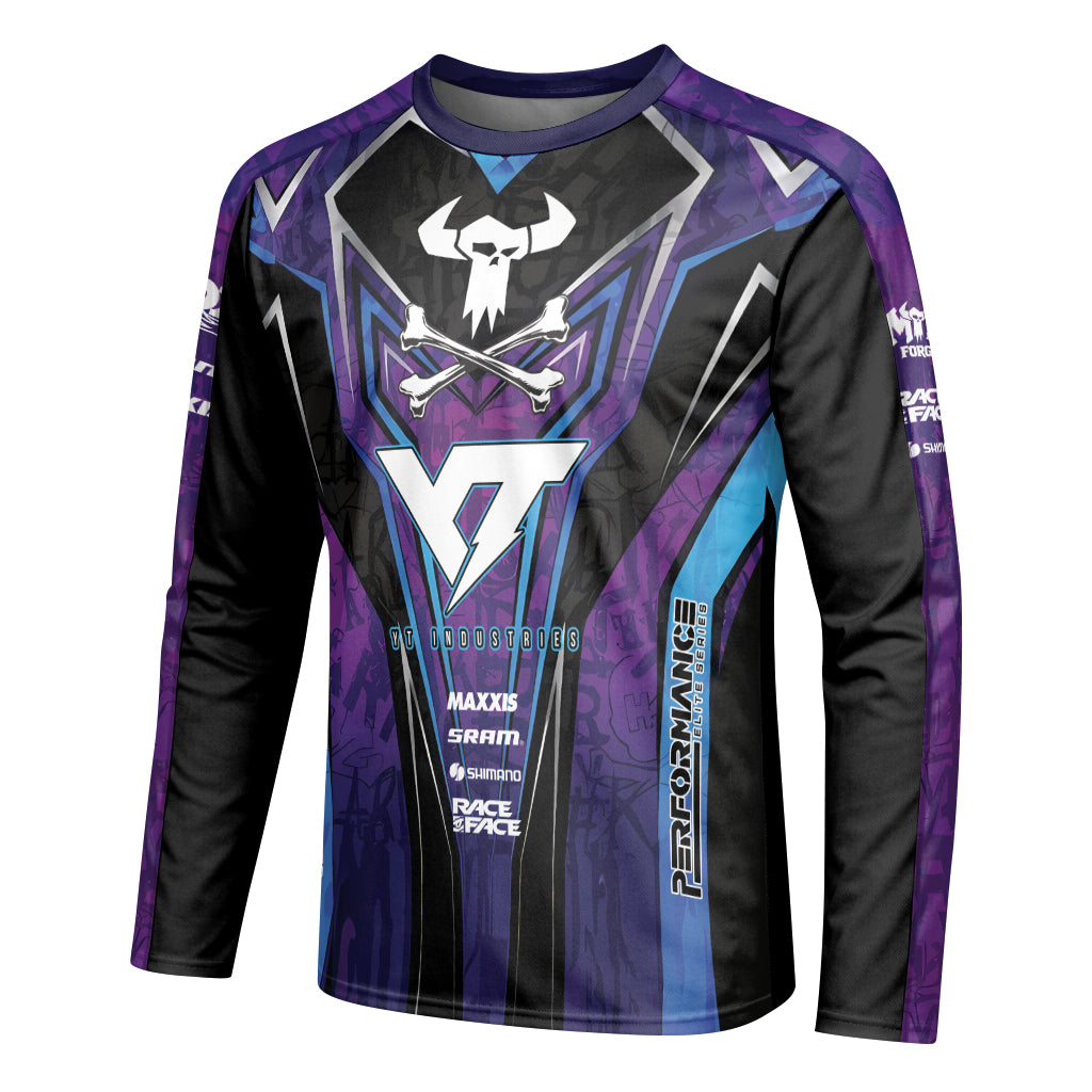 YT Industries Purple Skull Youth Long Sleeve Mountain Bike Jersey – Left Side View Mockup