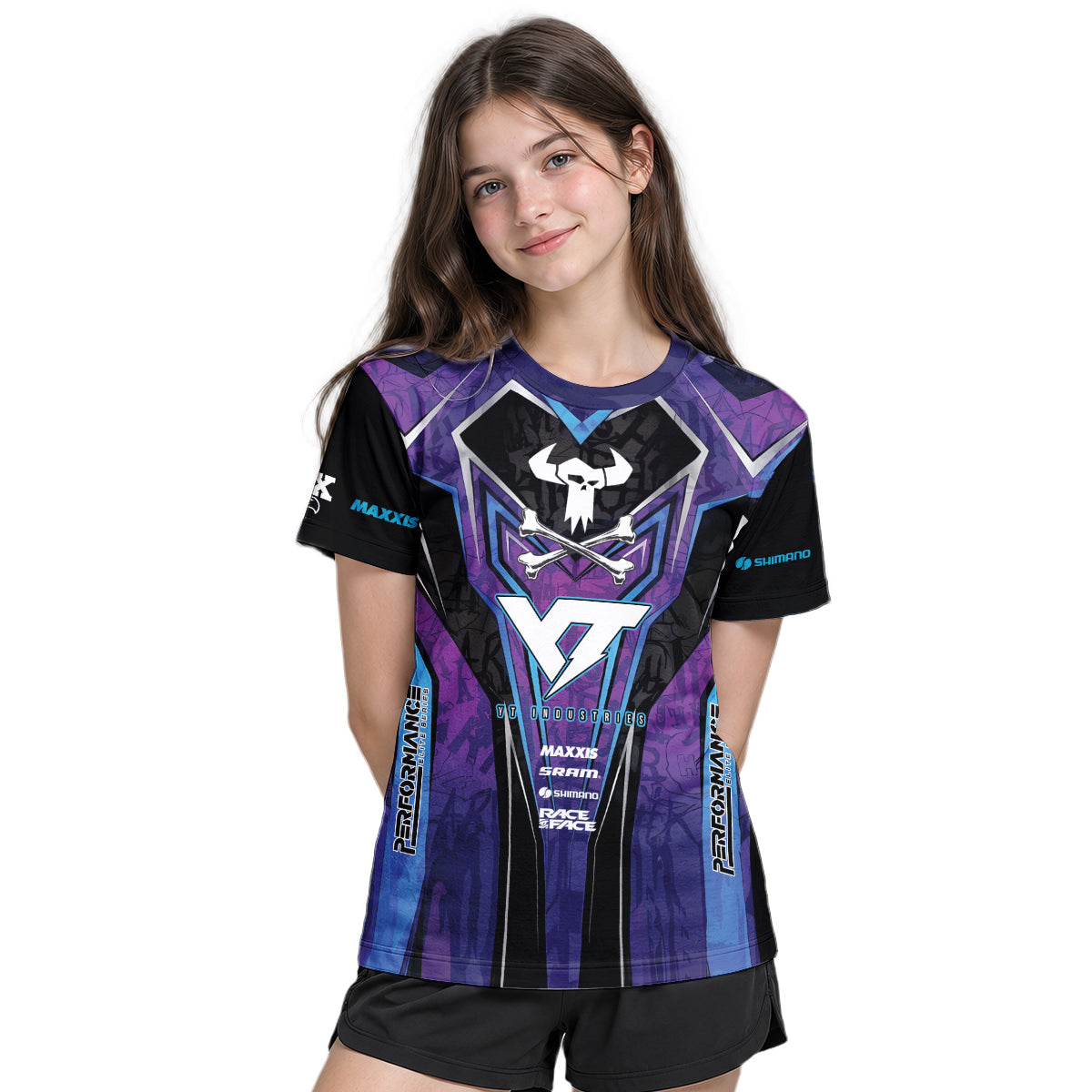 YT Industries Purple Skull Youth Short Sleeve Mountain Bike Jersey – Girl Lifestyle View