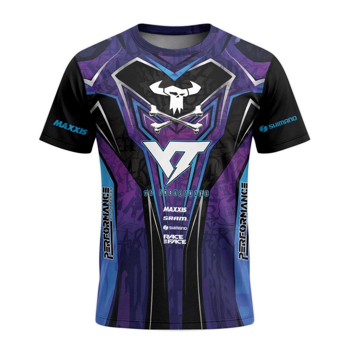 YT Industries Purple Skull Youth Short Sleeve Mountain Bike Jersey – Front View Mockup