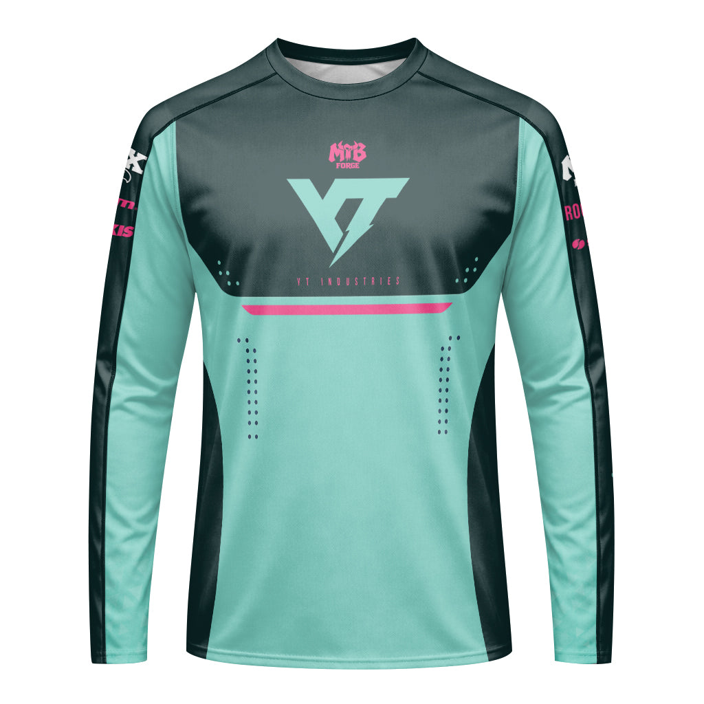 YT Industries Teal Pink Factory Long Sleeve Mountain Bike Jersey – Front View Mockup