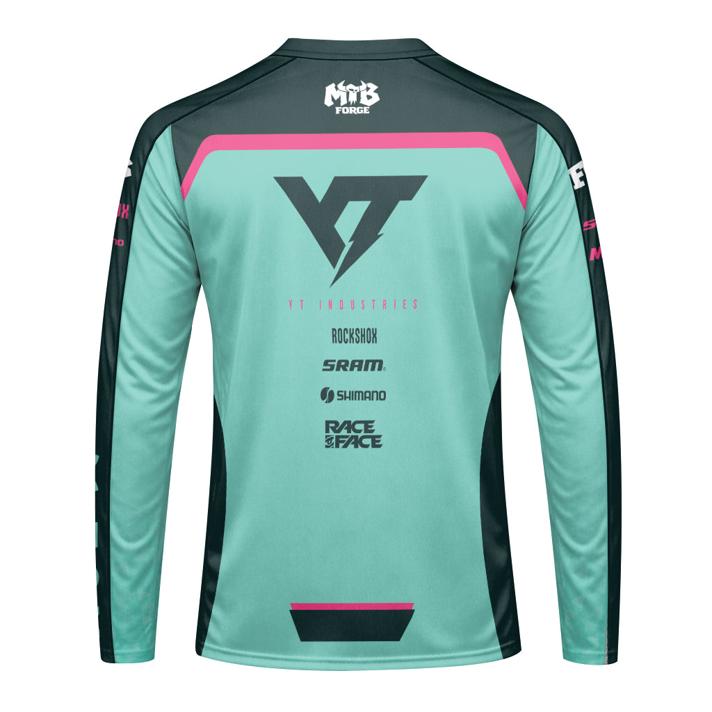 YT Industries Teal Pink Factory Long Sleeve Mountain Bike Jersey – Back View Mockup