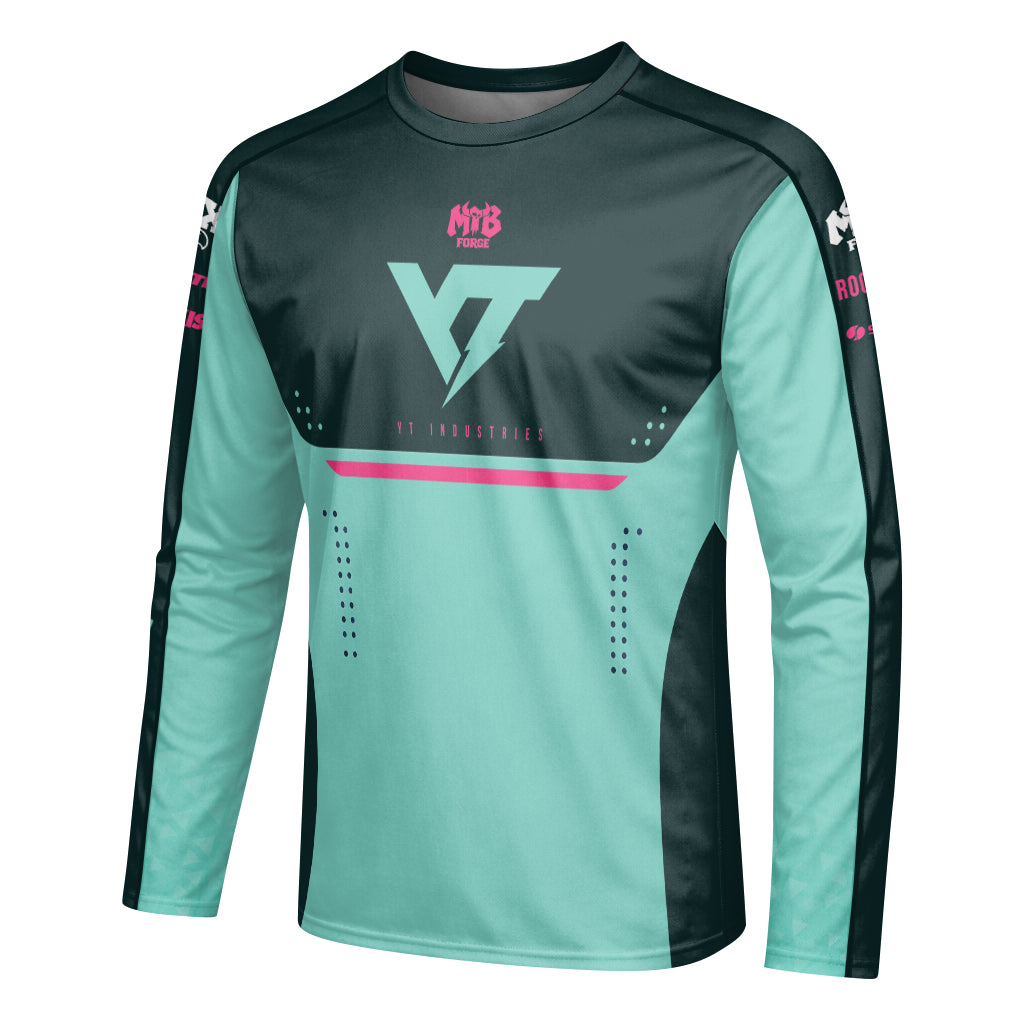 YT Industries Teal Pink Factory Long Sleeve Mountain Bike Jersey – Left Side View Mockup