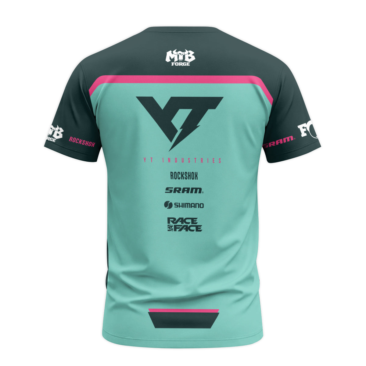 YT Industries Teal Pink Factory Short Sleeve Mountain Bike Jersey – Back View Mockup