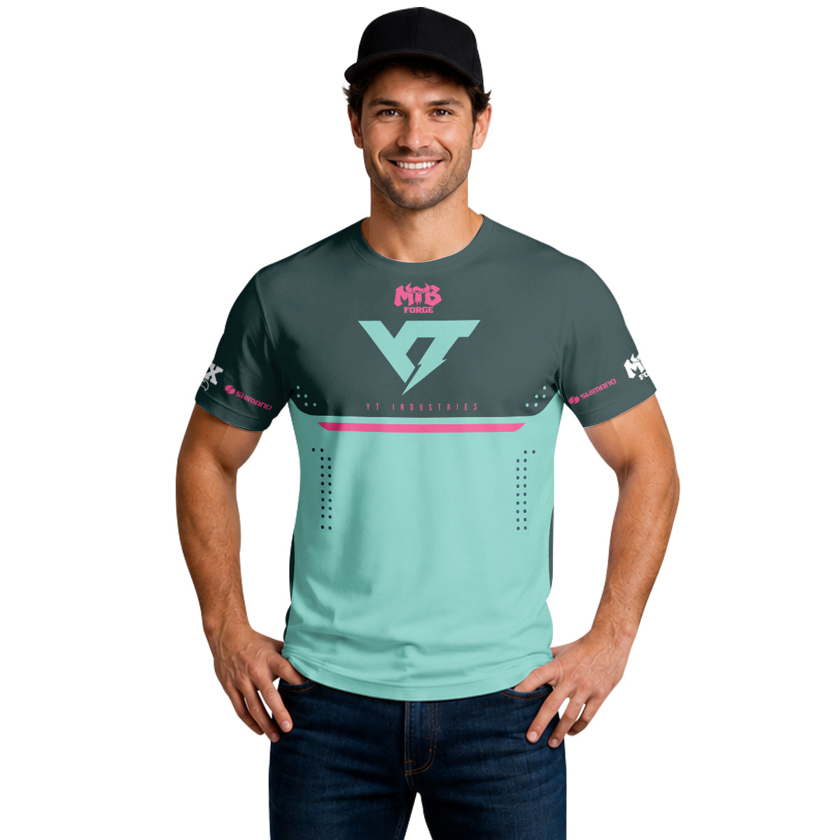 YT Industries Teal Pink Factory Short Sleeve Mountain Bike Jersey – Lifestyle View