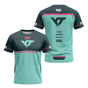 YT Industries Teal Pink Factory Short Sleeve Mountain Bike Jersey – Front and Back View