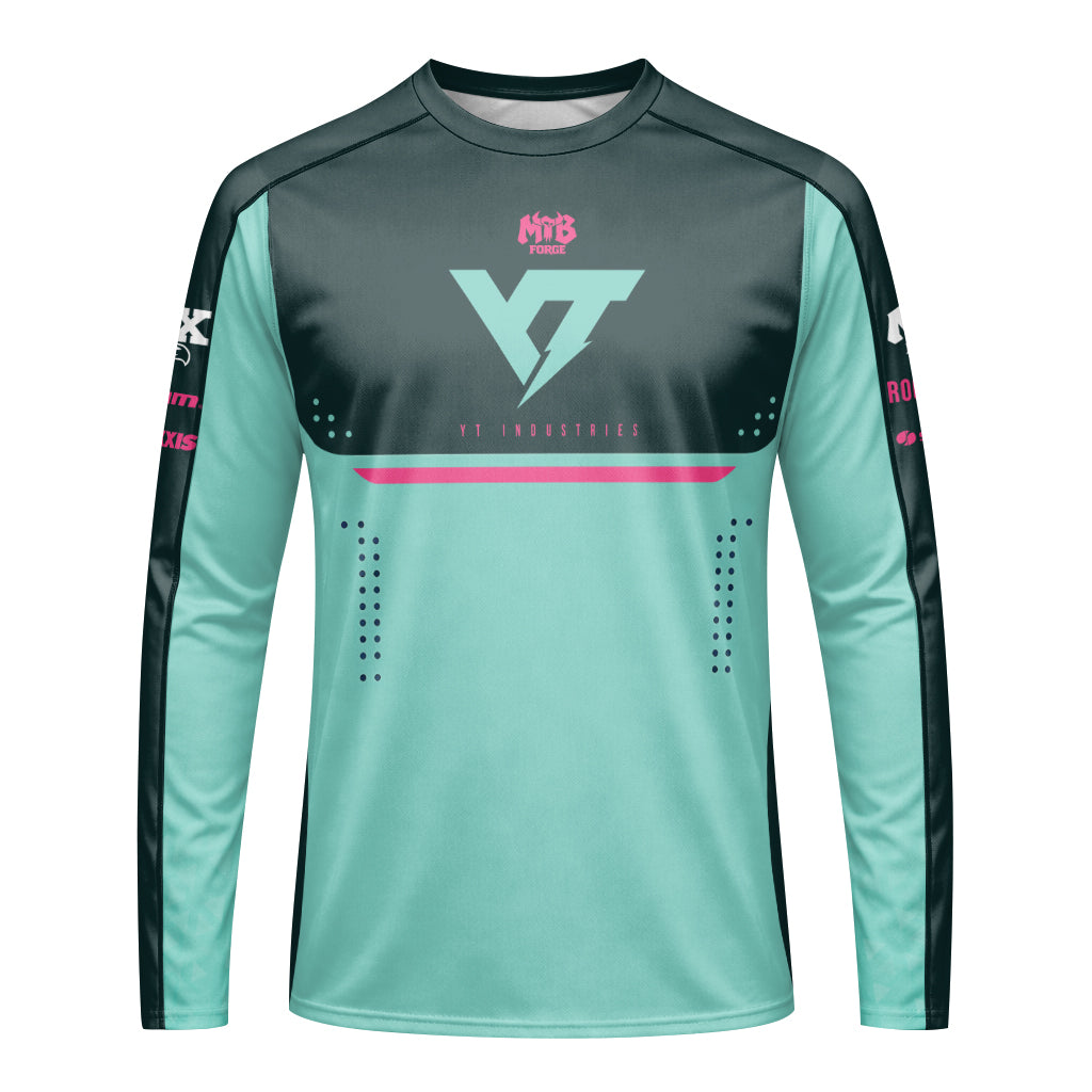 YT Industries Teal Pink Factory Youth Long Sleeve Mountain Bike Jersey – Front View Mockup