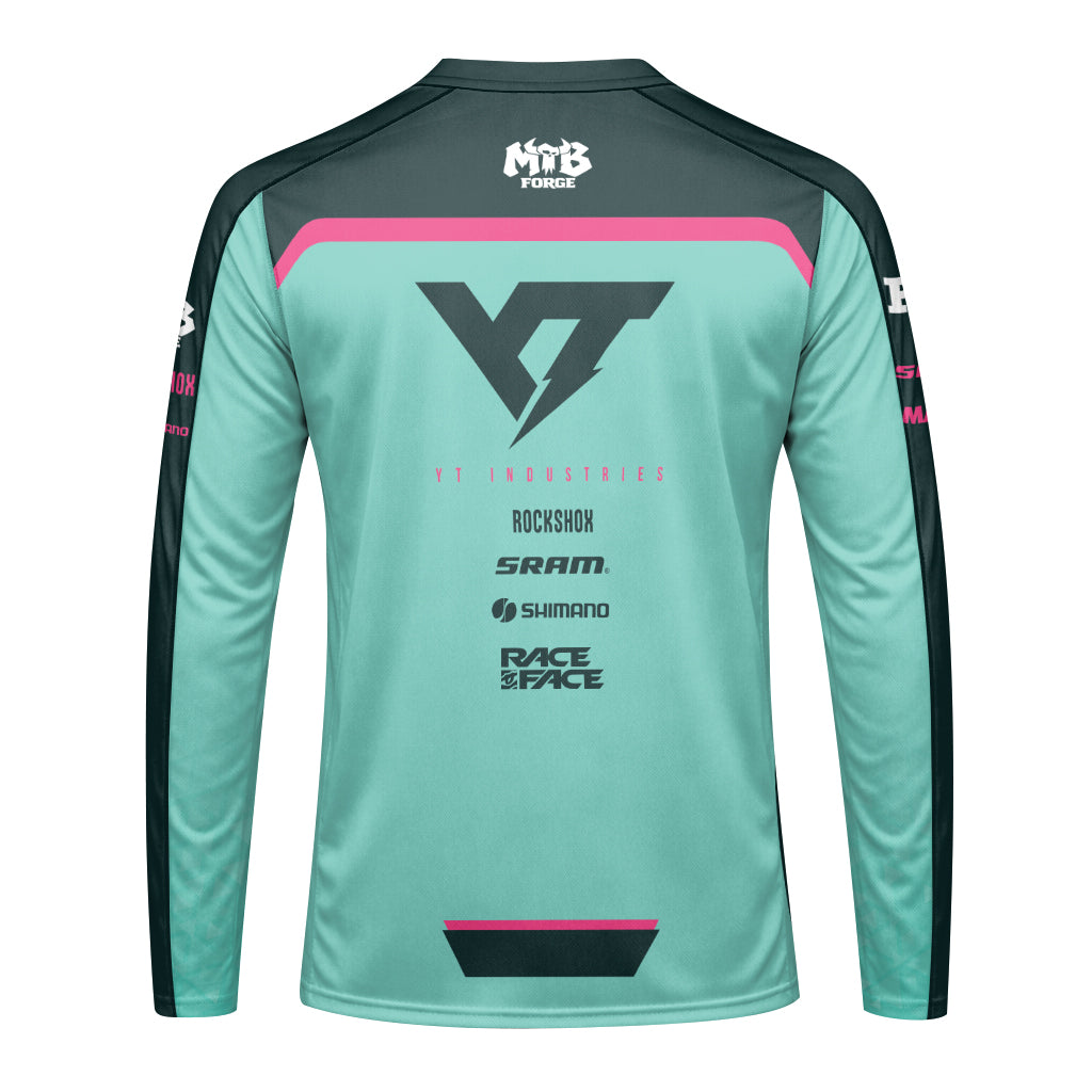 YT Industries Teal Pink Factory Youth Long Sleeve Mountain Bike Jersey – Back View Mockup
