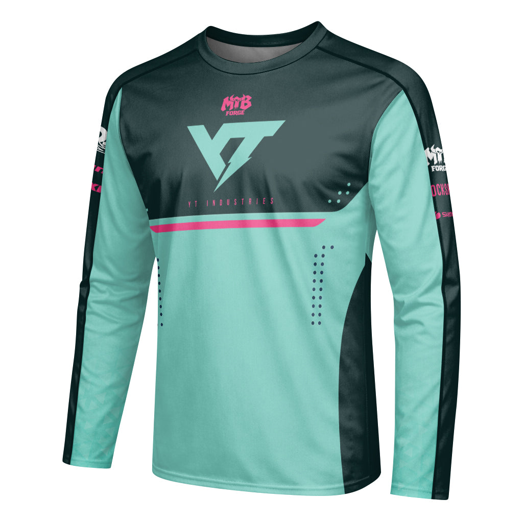 YT Industries Teal Pink Factory Youth Long Sleeve Mountain Bike Jersey – Left Side View Mockup