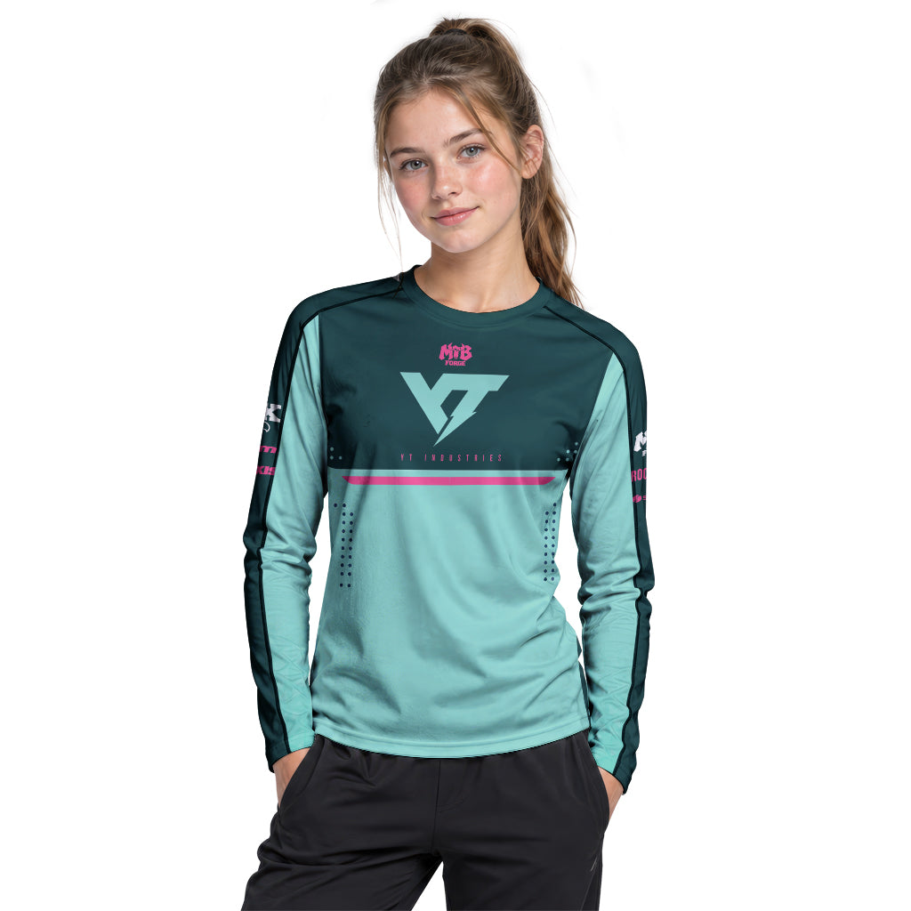 YT Industries Teal Pink Factory Youth Long Sleeve Mountain Bike Jersey – Girl Lifestyle View