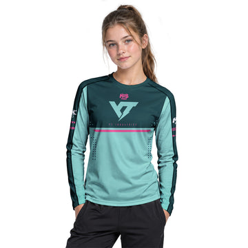 YT Industries Teal Pink Factory Youth Long Sleeve Mountain Bike Jersey – Girl Lifestyle View