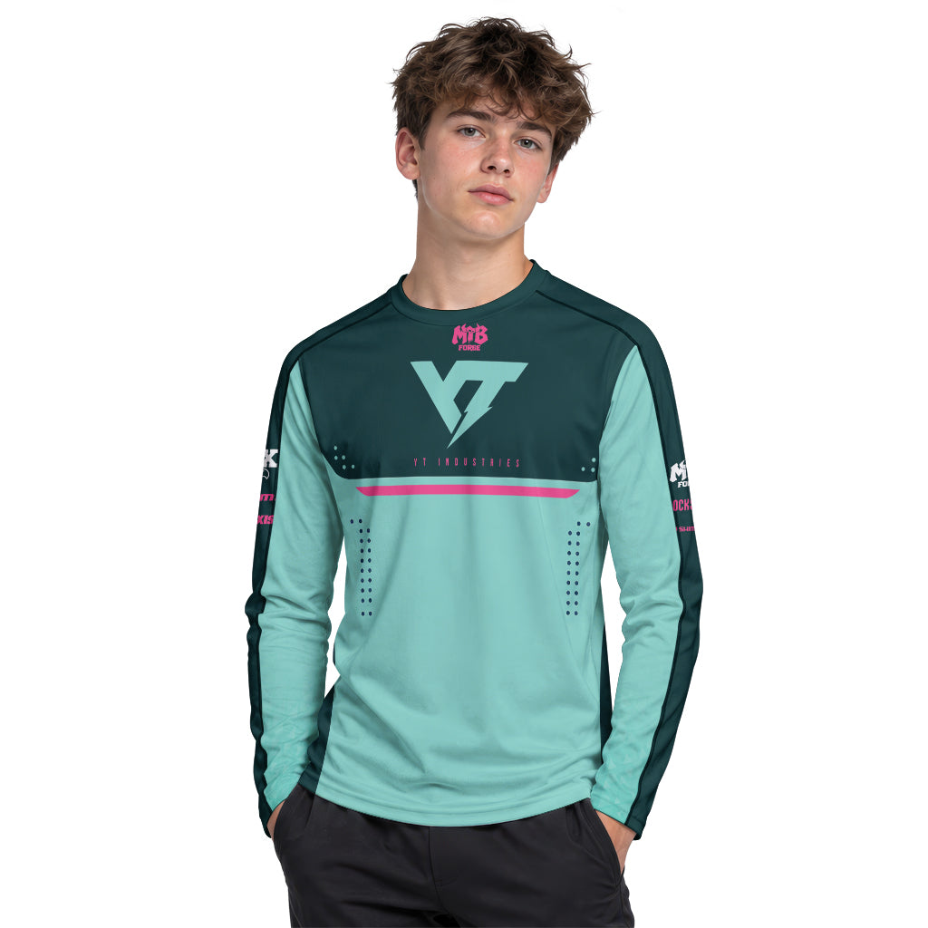 YT Industries Teal Pink Factory Youth Long Sleeve Mountain Bike Jersey – Boy Lifestyle View