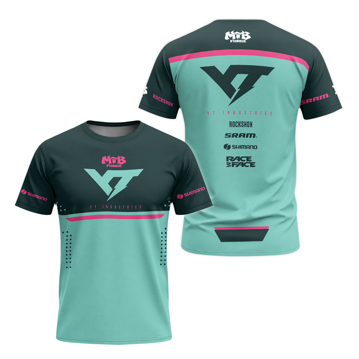 YT Industries Teal Pink Factory Youth Short Sleeve Mountain Bike Jersey – Front and Back View