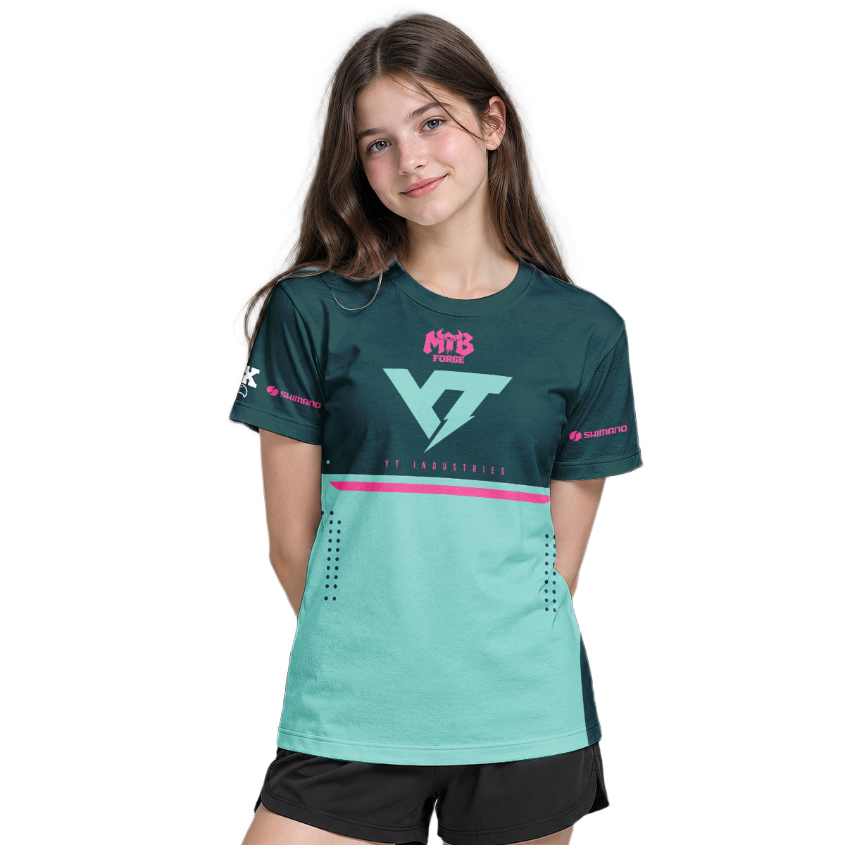 YT Industries Teal Pink Factory Youth Short Sleeve Mountain Bike Jersey – Girl Lifestyle View